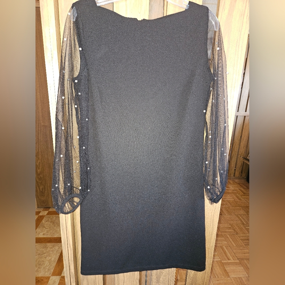 Ronni Nicole Sz 10 Black Dress w/Sheer, Pearl-Accented Puff Sleeves